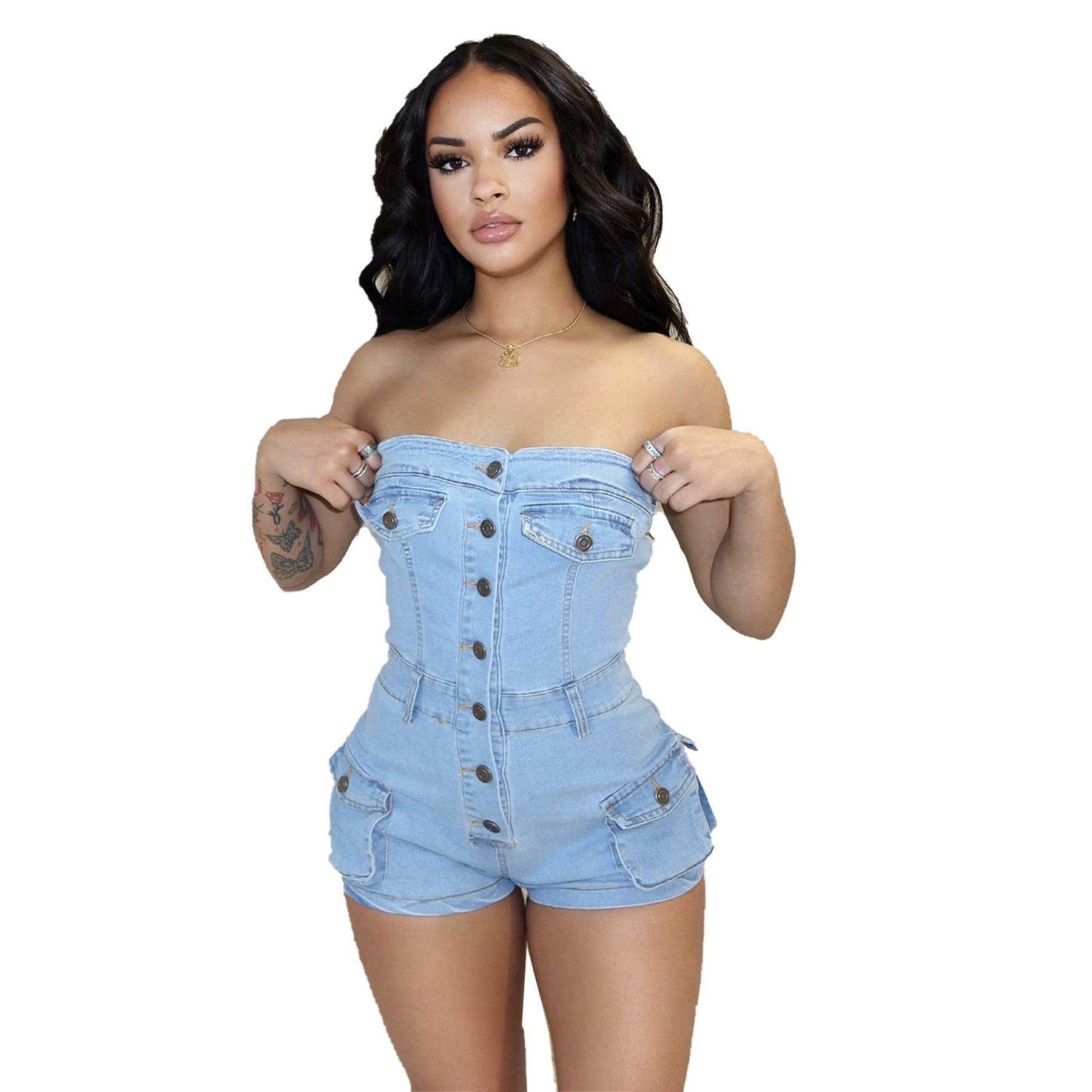 Denim Tube Top Jumpsuit – Stretch Jeans-Overall für Damen
